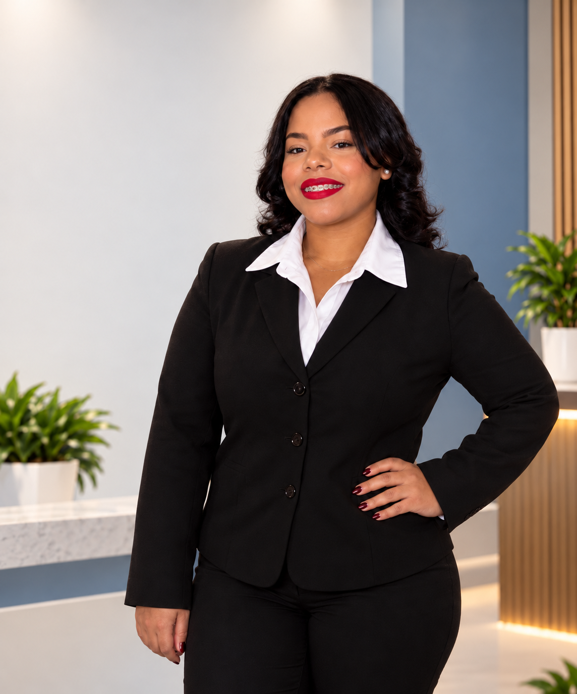 Claudia Montero in a black business suit