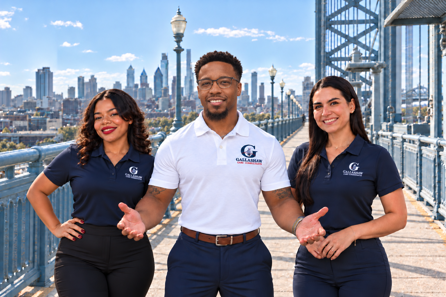 Matthew in white with his arms open, beside Claudia and Juliana in blue on the Ben Franklin Bridge walkway in daylight