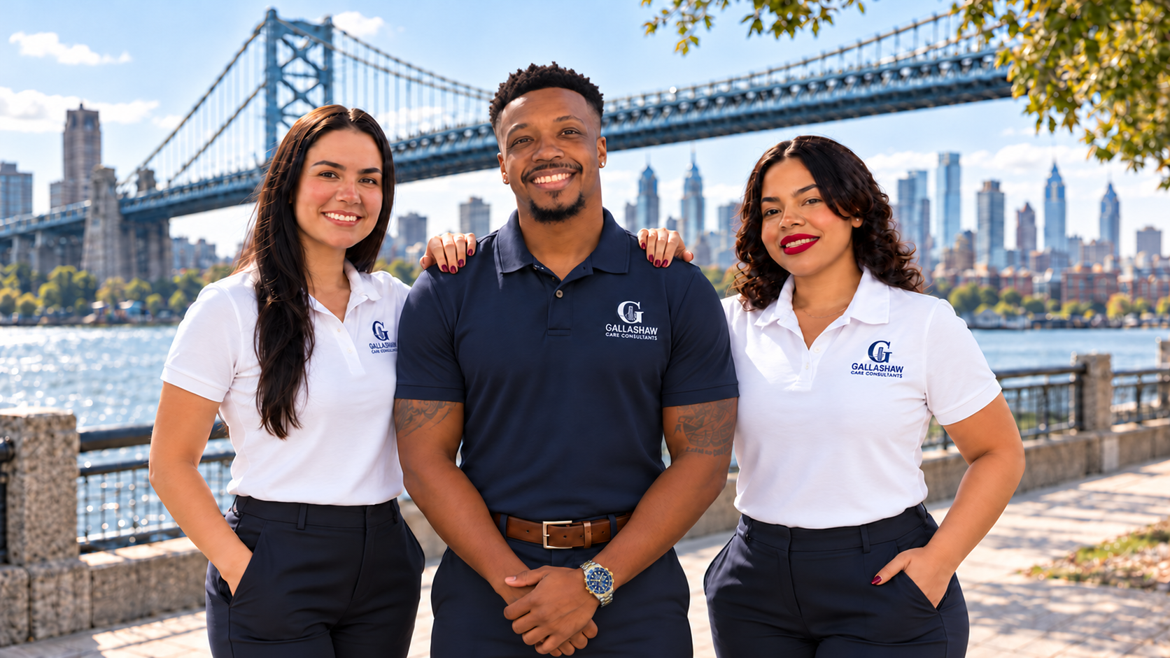 Matthew in a blue polo beside Claudia and Juliana in white, with their hands on his shoulders