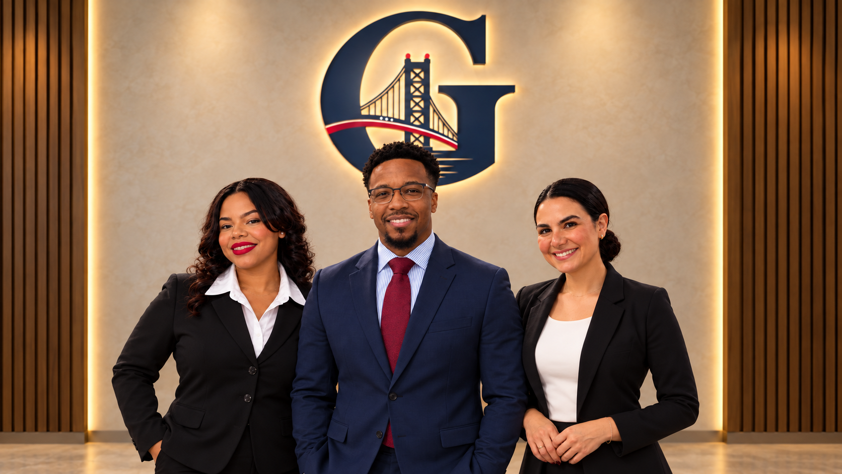 Claudia, Matthew, and Juliana together in business attire